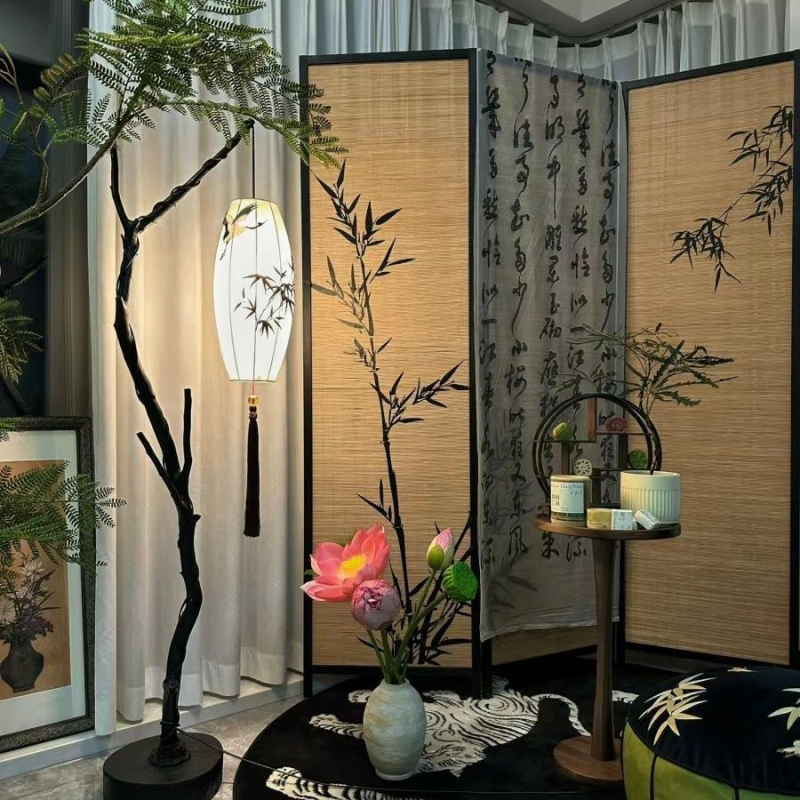 Podna svjetiljka s estetikom Song dinastije, moderni kineski stil, zen inspirirana čajna soba i radna soba, grana oblik lampe s listovima bambusa.