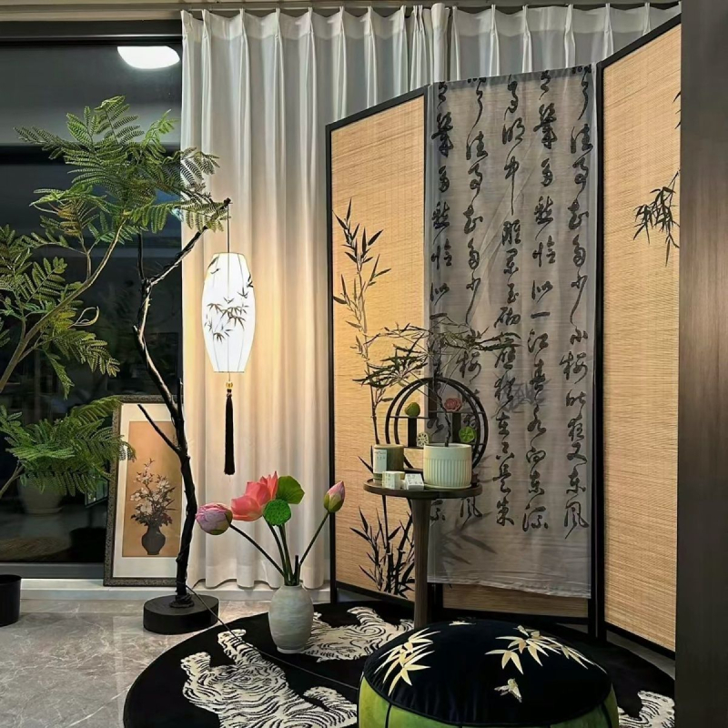 Podna svjetiljka s estetikom Song dinastije, moderni kineski stil, zen inspirirana čajna soba i radna soba, grana oblik lampe s listovima bambusa.
