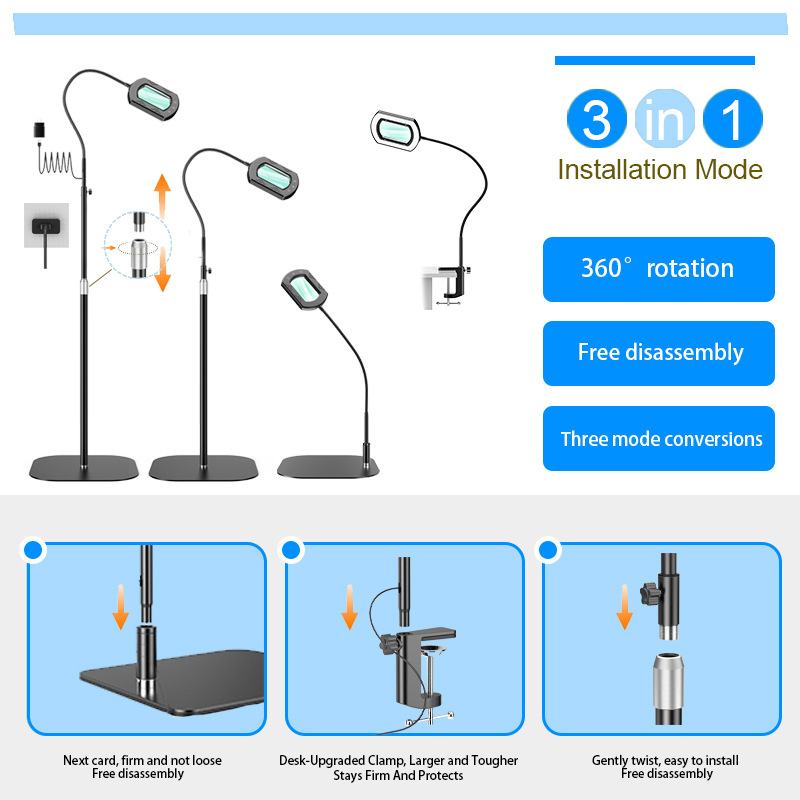 LED podna lampa s povećalom, dodirno upravljanje, 10x povećanje, podesiva visina 40-150 cm, svjetlo za zaštitu očiju za kozmetiku i šivanje