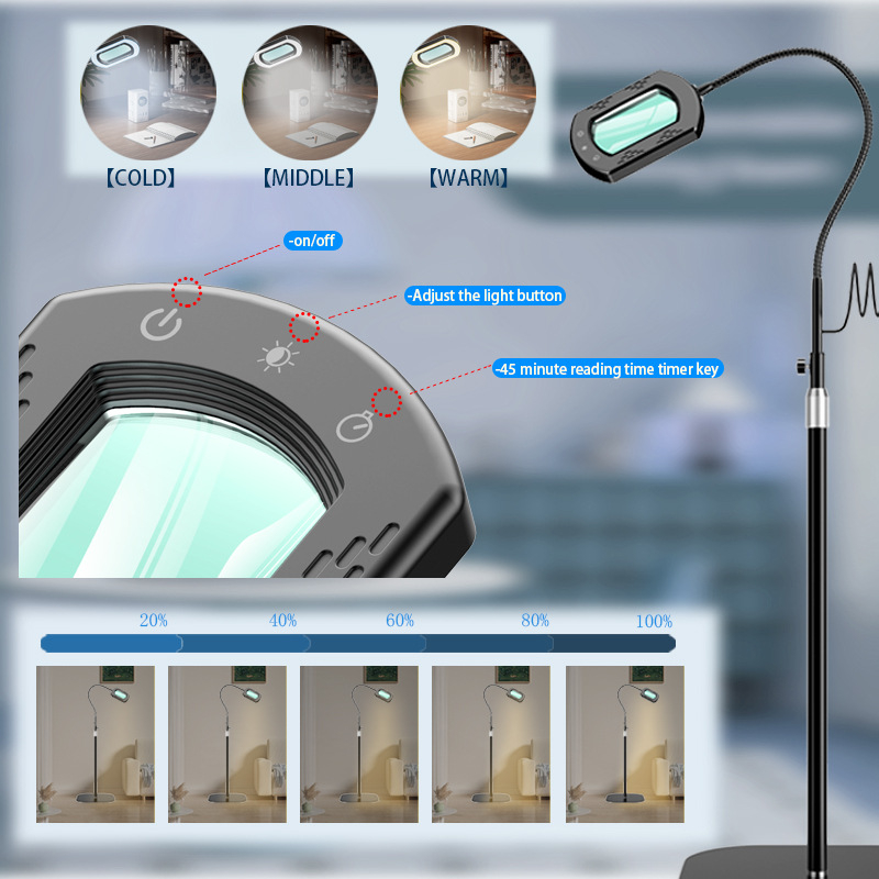 LED podna lampa s povećalom, dodirno upravljanje, 10x povećanje, podesiva visina 40-150 cm, svjetlo za zaštitu očiju za kozmetiku i šivanje