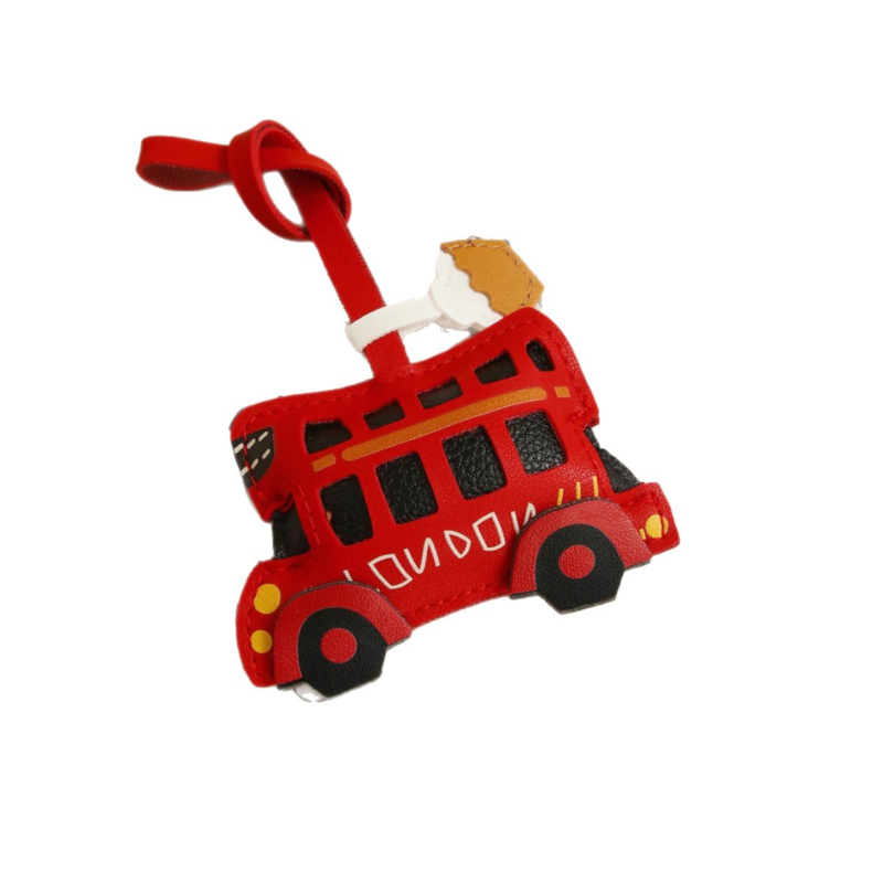 Kožni privjesak za torbu s motivom londonskog autobusa i šalice kave, ručna izrada