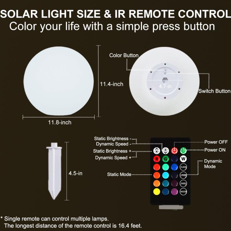 Lampă sferică LED solară pentru gazon, decor exterior impermeabil, colorat, cu telecomandă