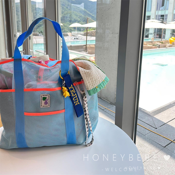 Geantă de plajă în stil coreean, capacitate mare pentru costum de baie și accesorii, plasă cu curea de umăr, portabilă și pliabilă