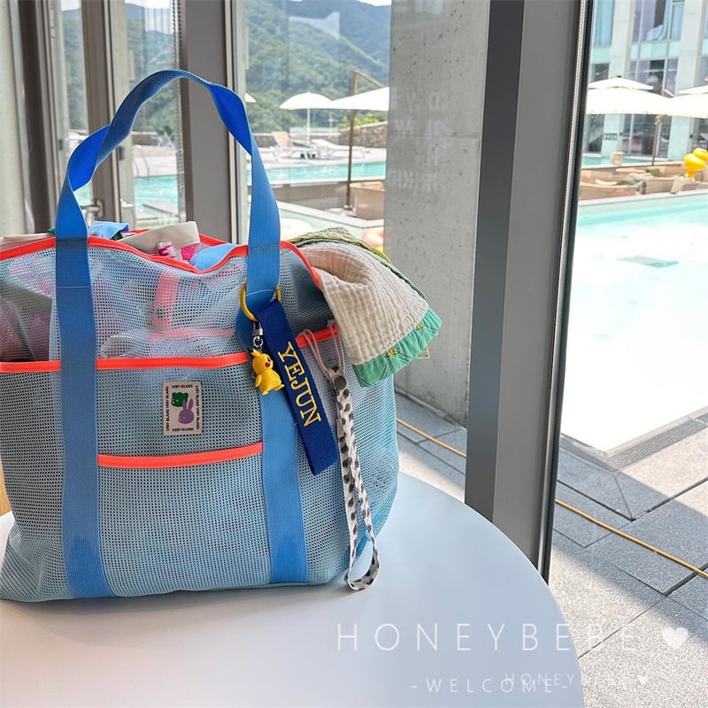 Geantă de plajă în stil coreean, capacitate mare pentru costum de baie și accesorii, plasă cu curea de umăr, portabilă și pliabilă