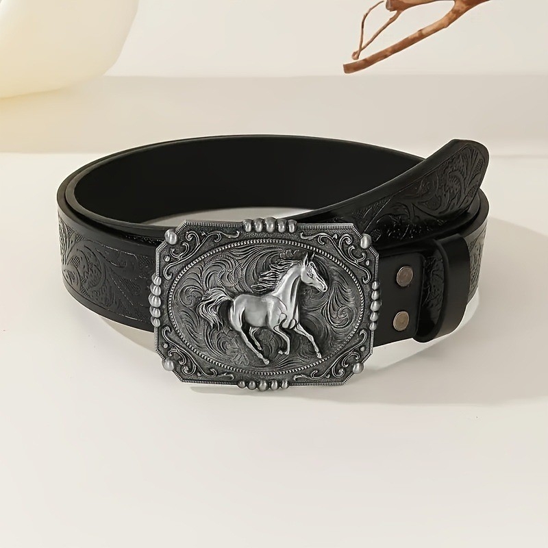 Vintage western pojas s velikom pločastom kopčom, ugraviranim punk motivom, PU koža, unisex