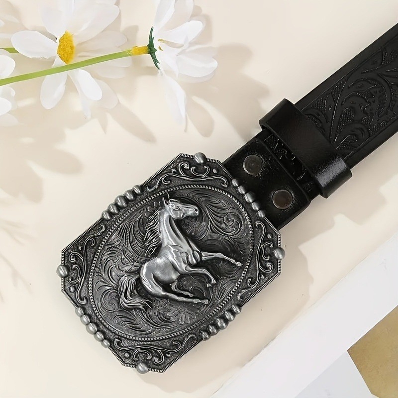 Vintage western pojas s velikom pločastom kopčom, ugraviranim punk motivom, PU koža, unisex