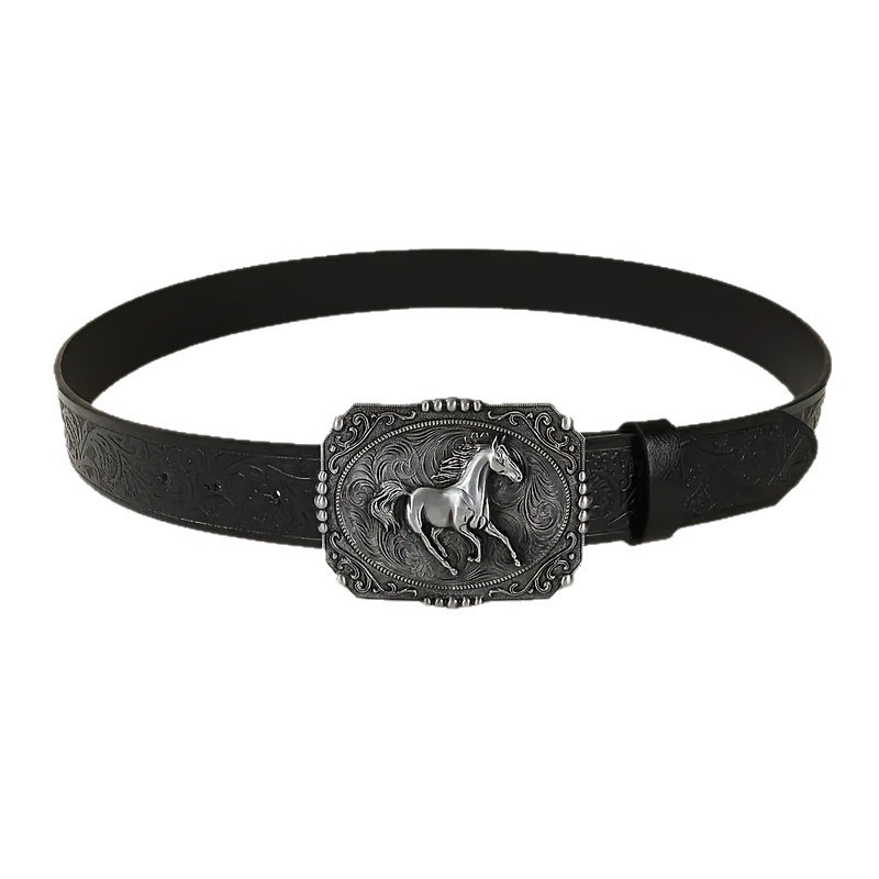 Vintage western pojas s velikom pločastom kopčom, ugraviranim punk motivom, PU koža, unisex