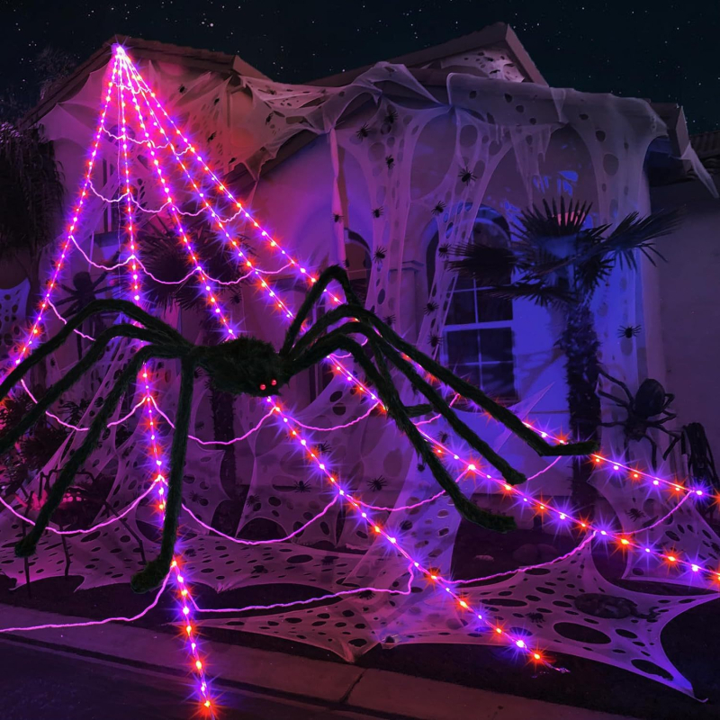 Svetleća mreža pauka i ogroman pliš-pauk – Halloween dekoracija i postava prostora