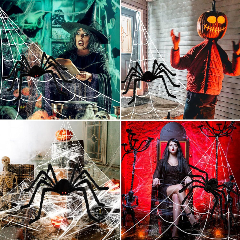 Svetleća mreža pauka i ogroman pliš-pauk – Halloween dekoracija i postava prostora