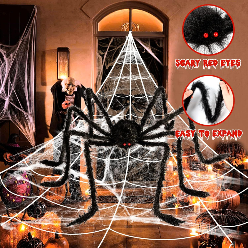 Svetleća mreža pauka i ogroman pliš-pauk – Halloween dekoracija i postava prostora