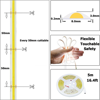 12V COB LED traka, duljine 5 m, 320 LED, 9W, s mogućnošću promjene svjetla i bežičnim pametnim upravljanjem, 180° kut snopa, pogodna za garderobe i ormariće