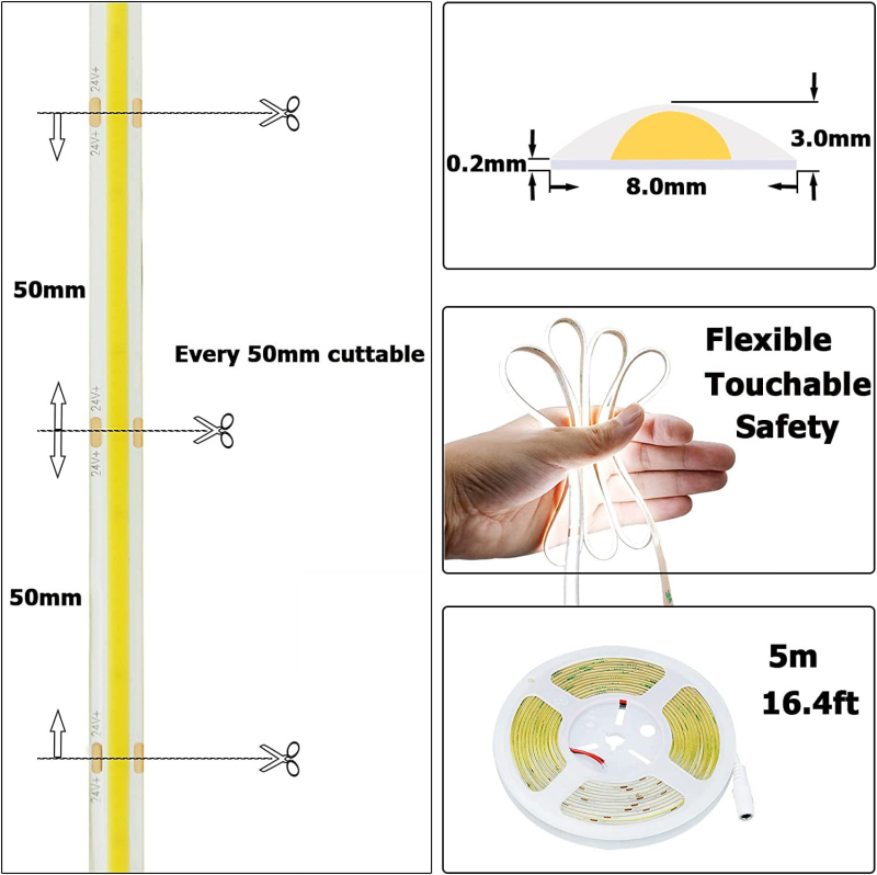 12V COB LED traka, duljine 5 m, 320 LED, 9W, s mogućnošću promjene svjetla i bežičnim pametnim upravljanjem, 180° kut snopa, pogodna za garderobe i ormariće