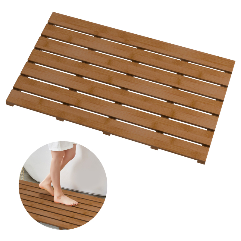 Covor mare de baie din bambus și lemn, antiderapant, design perforat pentru drenaj, pătrat, stil minimalist