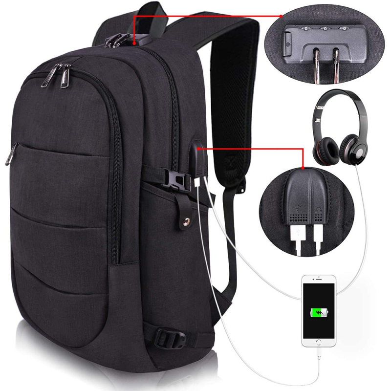 Unisex ruksak s USB priključkom za punjenje, vodootporan i otporan na krađu, pogodan za putovanja i aktivni odmor, za 14-inčni prijenosnik, kapacitet 20–35 L