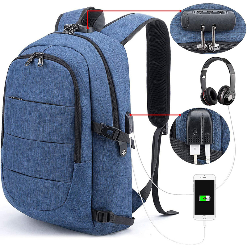 Unisex ruksak s USB priključkom za punjenje, vodootporan i otporan na krađu, pogodan za putovanja i aktivni odmor, za 14-inčni prijenosnik, kapacitet 20–35 L