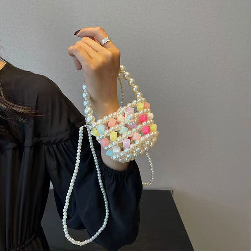 Mini torbica s perlama u boji bombona, ručna izrada, DIY materijal za pletenje, pletena torbica preko ramena za žene