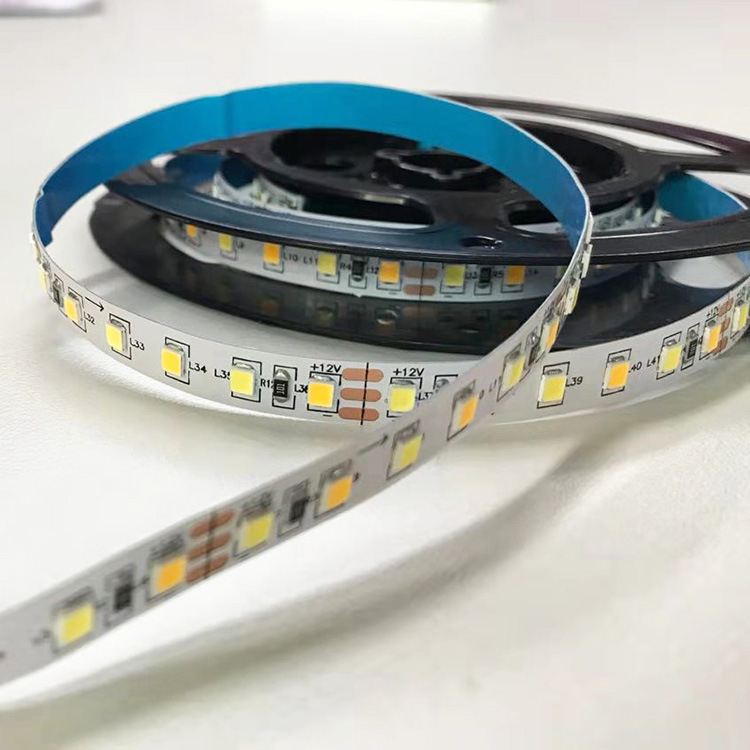 Nisko naponska monokromatska LED traka, DC24V, 120 LED-a (3528), snop svjetla 120°, 10 W/m, dimabilna, 5 m rola, pločica bez pokrova s dvostrukim PCB-om, može se rezati na duljinu 8/5/10 mm, kompatibilna s aluminijskim LED kanalom, za pozadinsko osvjetljen