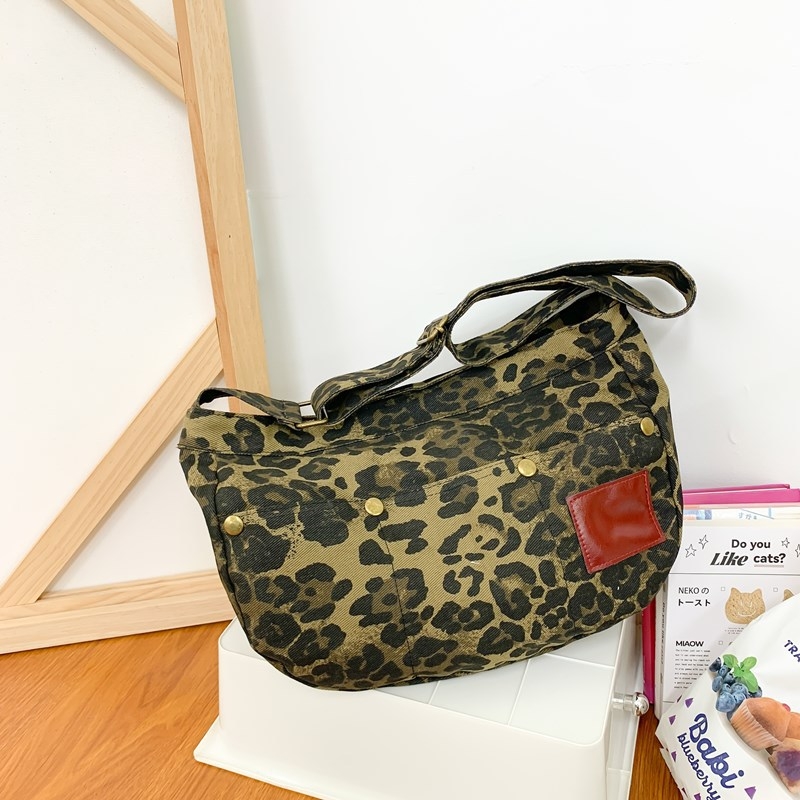 Torba tote od platna s leopardovim uzorkom, korejskog stila, srednja veličina, crossbody dizajn, ženska svakodnevna torba