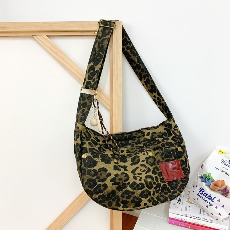 Torba tote od platna s leopardovim uzorkom, korejskog stila, srednja veličina, crossbody dizajn, ženska svakodnevna torba