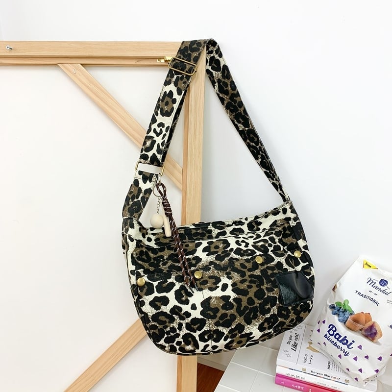 Torba tote od platna s leopardovim uzorkom, korejskog stila, srednja veličina, crossbody dizajn, ženska svakodnevna torba