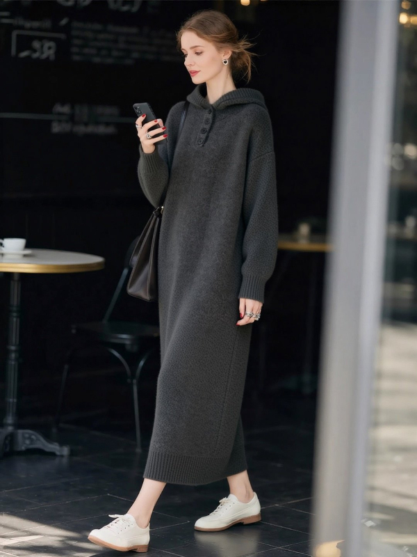 60314 Zimska duga pletena haljina s kapuljom, četiri gumba, elegantna, plus veličina, ležerni kroj, dugi rukavi