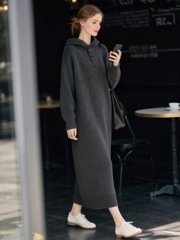 60314 Zimska duga pletena haljina s kapuljom, četiri gumba, elegantna, plus veličina, ležerni kroj, dugi rukavi