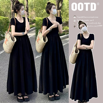 Rochie de maternitate de vară în stil Hepburn, mâneci scurte, lungime medie, neagră
