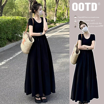 Rochie de maternitate de vară în stil Hepburn, mâneci scurte, lungime medie, neagră