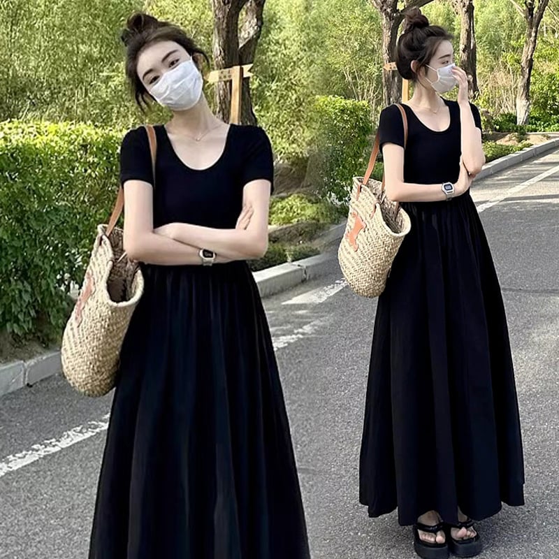 Rochie de maternitate de vară în stil Hepburn, mâneci scurte, lungime medie, neagră