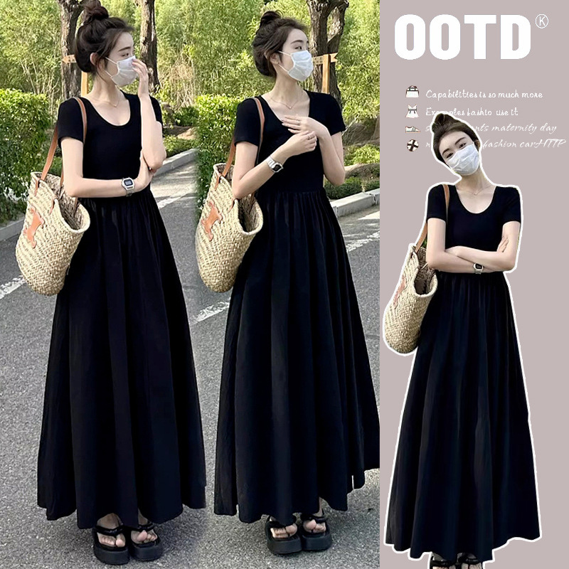 Rochie de maternitate de vară în stil Hepburn, mâneci scurte, lungime medie, neagră