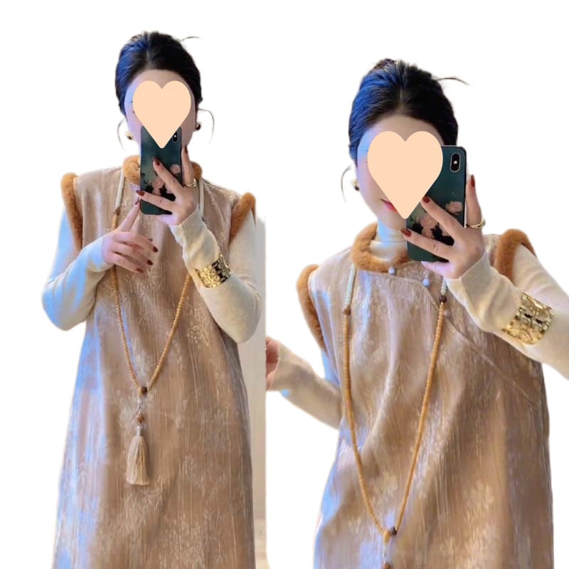 Costum de damă cu fustă pentru toamnă-iarnă, stil inspirat din China, design minimalist cu blocuri de culoare, top tricotat cald și fustă cu mâneci lungi