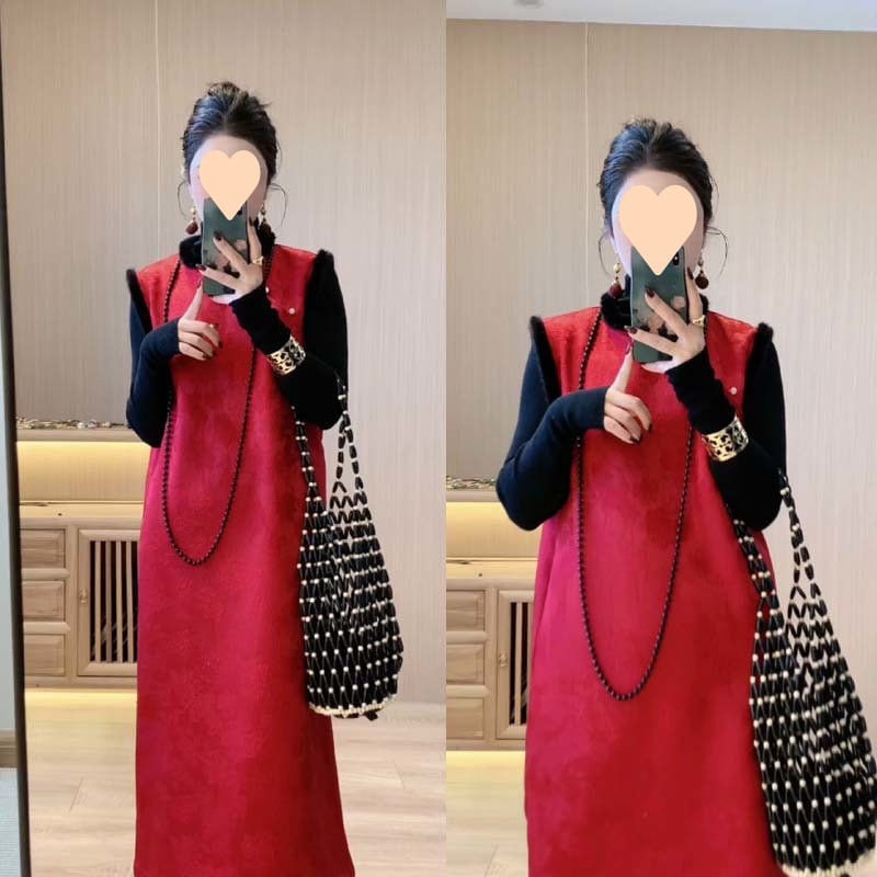 Costum de damă cu fustă pentru toamnă-iarnă, stil inspirat din China, design minimalist cu blocuri de culoare, top tricotat cald și fustă cu mâneci lungi