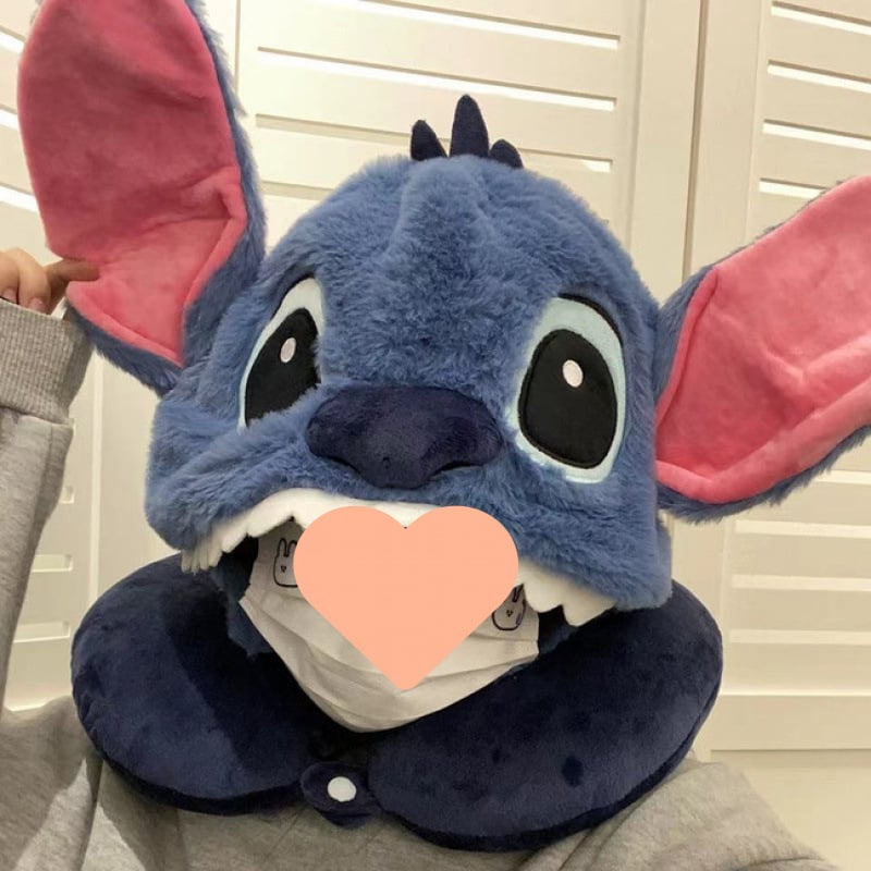 Pernă cervicală cu glugă Stitch, desen animat, umplută cu bumbac