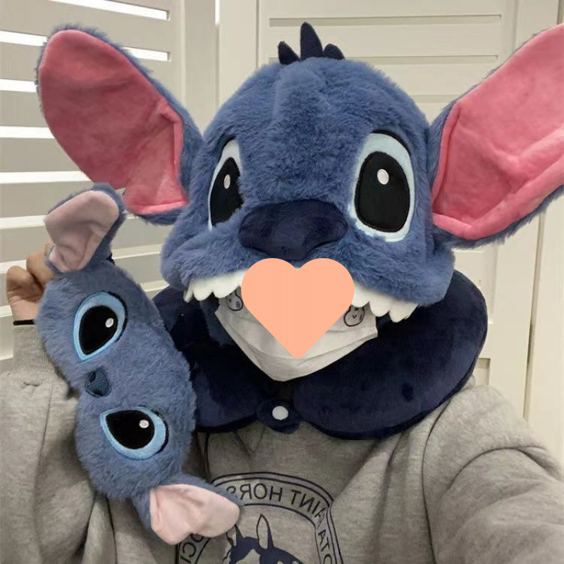 Pernă cervicală cu glugă Stitch, desen animat, umplută cu bumbac
