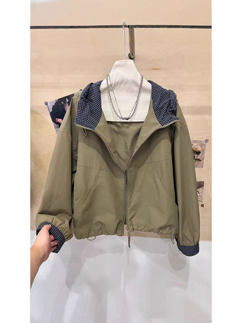 Női kapucnis rövid kabát húzózsinórral és cipzárral, koreai stílus, laza szabás, Off-White/Brown