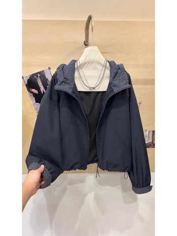 Női kapucnis rövid kabát húzózsinórral és cipzárral, koreai stílus, laza szabás, Off-White/Brown