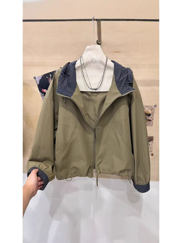 Női kapucnis rövid kabát húzózsinórral és cipzárral, koreai stílus, laza szabás, Off-White/Brown