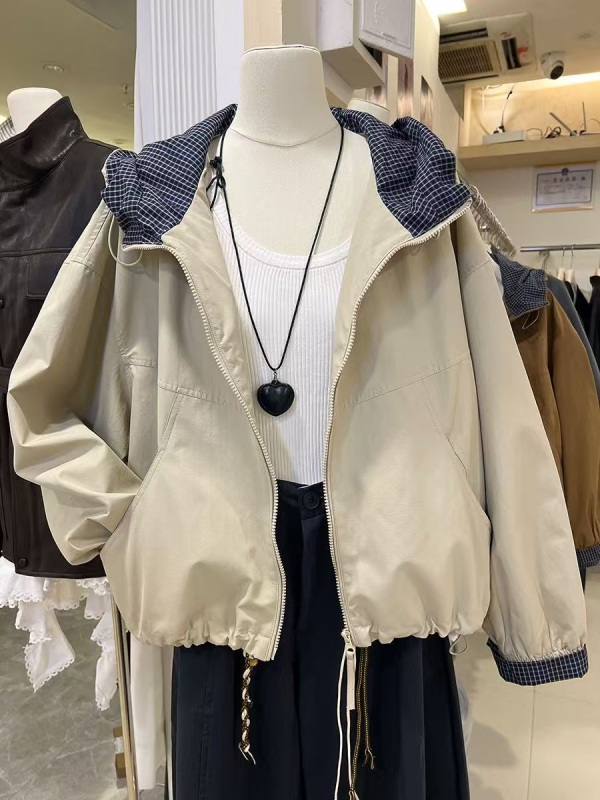 Női kapucnis rövid kabát húzózsinórral és cipzárral, koreai stílus, laza szabás, Off-White/Brown