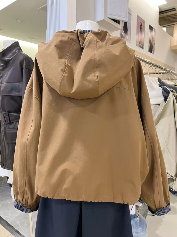 Női kapucnis rövid kabát húzózsinórral és cipzárral, koreai stílus, laza szabás, Off-White/Brown