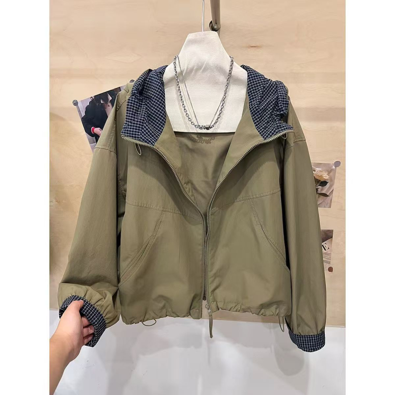 Női kapucnis rövid kabát húzózsinórral és cipzárral, koreai stílus, laza szabás, Off-White/Brown