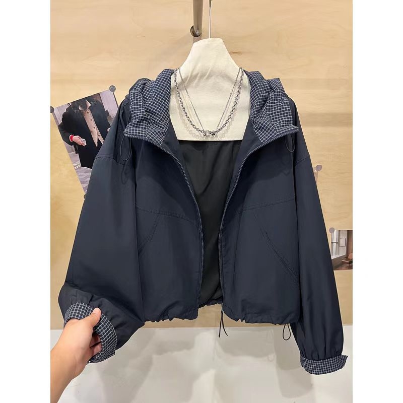 Női kapucnis rövid kabát húzózsinórral és cipzárral, koreai stílus, laza szabás, Off-White/Brown