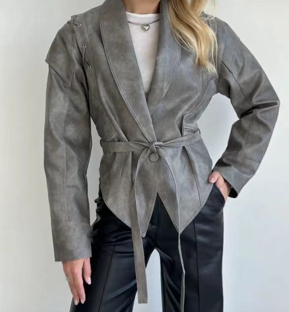 Női PU bőr patchwork dzseki, V-nyakú, karcsú szabás, egyszínű