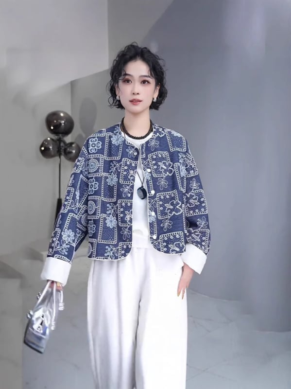 Palton scurt brodat pentru femei, stil chinezesc nou, primăvara 2025, croială lejeră, elegant, top versatil