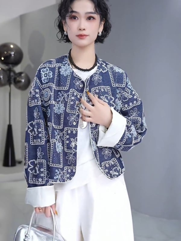 Palton scurt brodat pentru femei, stil chinezesc nou, primăvara 2025, croială lejeră, elegant, top versatil
