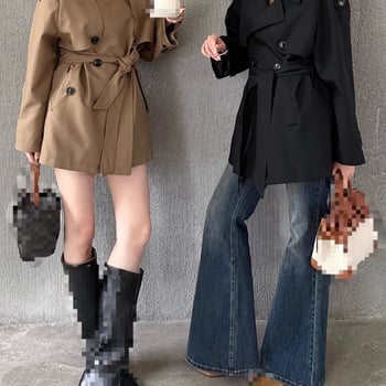 Jachetă scurtă anti-vânt pentru femei, cu rever și talie accentuată, uni alb sau negru, material poliester-viscose, toamna 2025, stil elegant pentru oraș