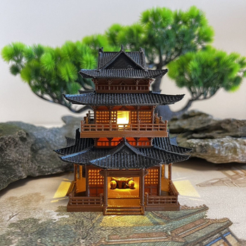 Ősi stílusú építészeti dísz világítással — tájkép modell, pavillon, víz- és szárazföldi akvárium, bonsai sziklakert