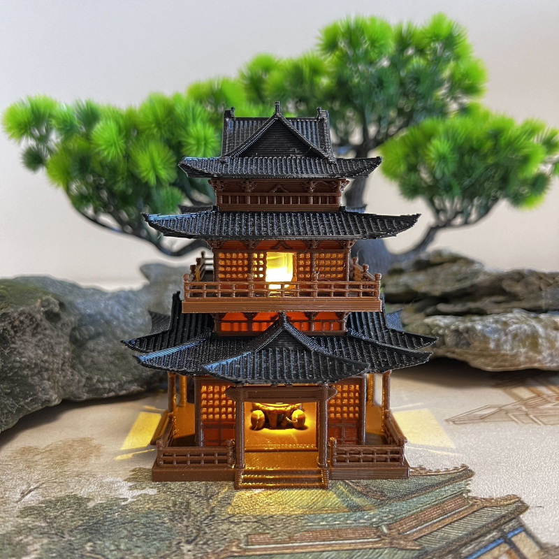 Ősi stílusú építészeti dísz világítással — tájkép modell, pavillon, víz- és szárazföldi akvárium, bonsai sziklakert