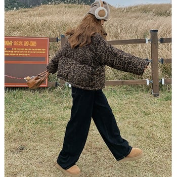 Geacă scurtă matlasată cu imprimeu leopard pentru femei, iarna 2025, stil streetwear american, guler înalt