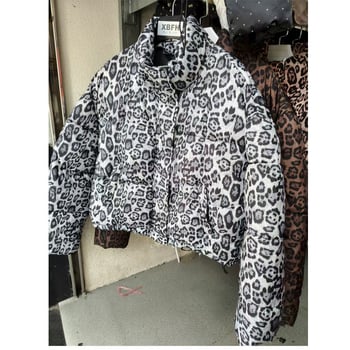 Geacă scurtă matlasată cu imprimeu leopard pentru femei, iarna 2025, stil streetwear american, guler înalt