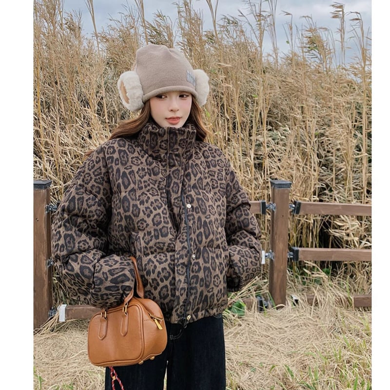 Geacă scurtă matlasată cu imprimeu leopard pentru femei, iarna 2025, stil streetwear american, guler înalt